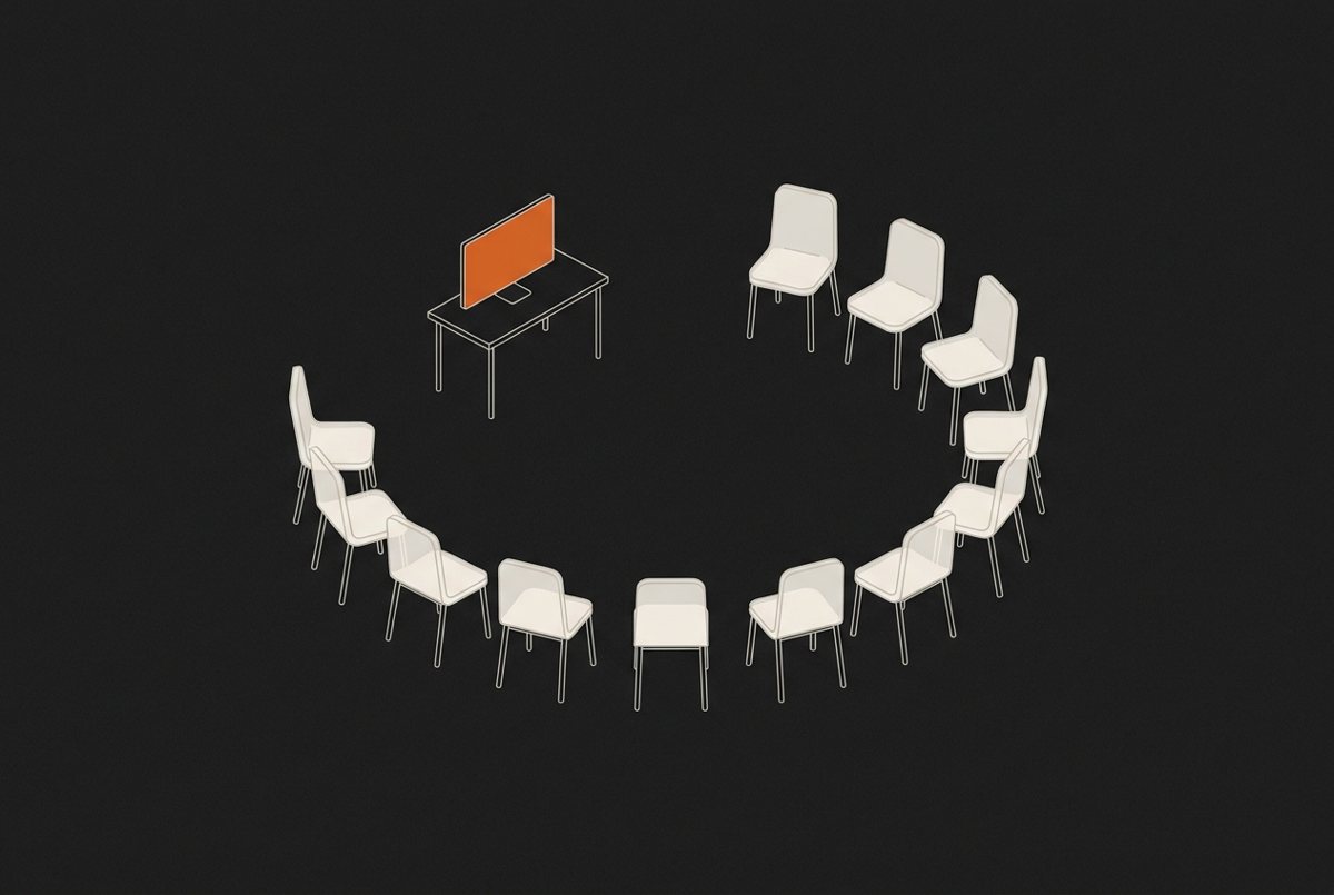 Line illustration of twelve chairs in a circle facing a desk with an orange screen