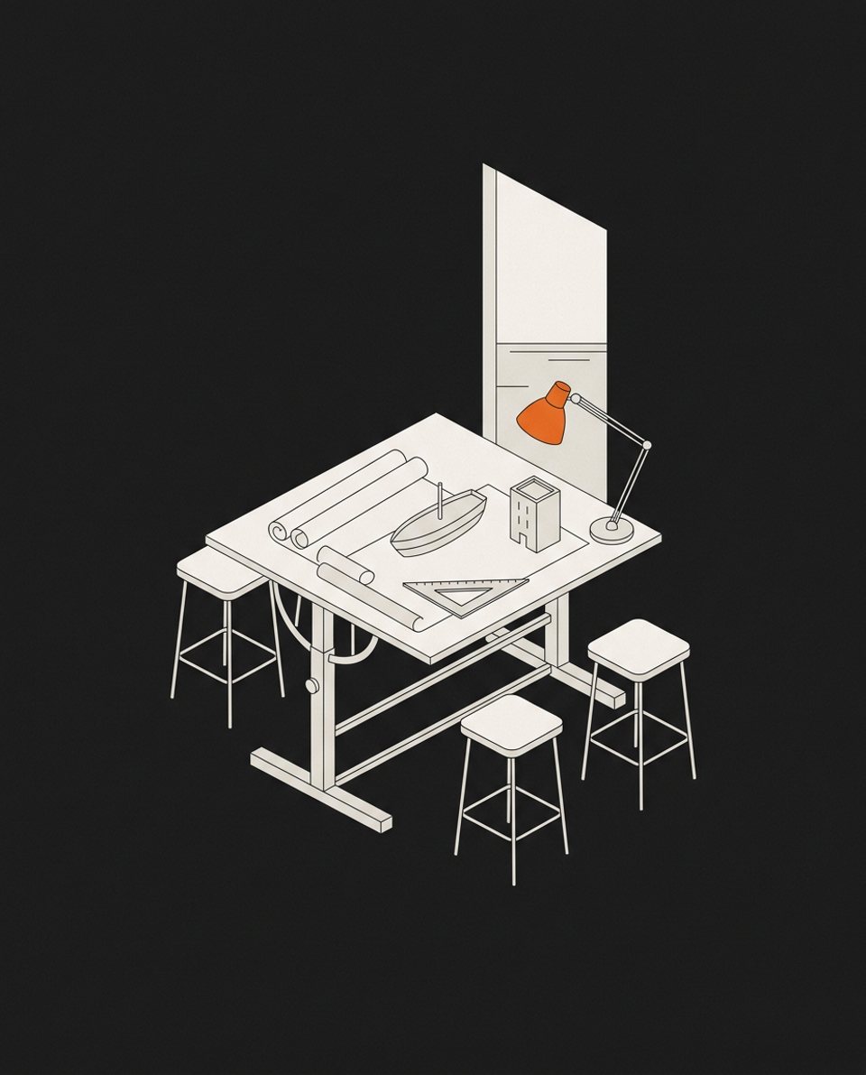 Line illustration of a drafting table with plans, a model ship, a lamp and stools, one orange accent