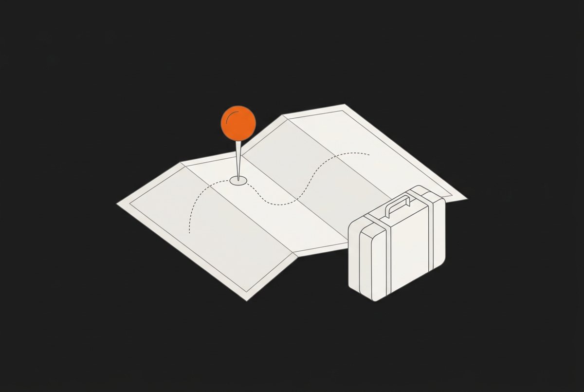 Line illustration of an unfolded map with an orange pin and a suitcase